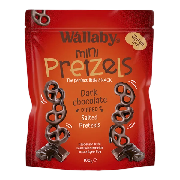 Wallaby Gf Mini Pretzels Dark Choc Dipped Salted 100g