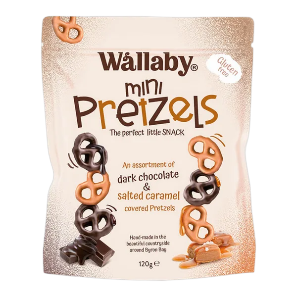 Wallaby Gf Mini Pretzels Dark Choc Salted Caramel 120g