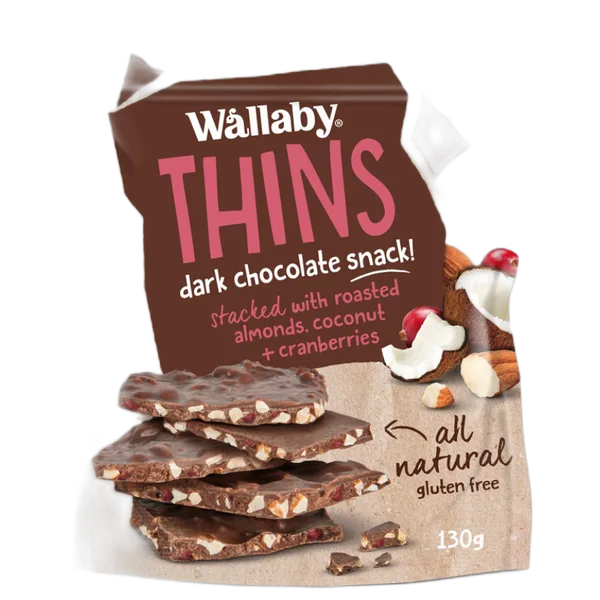 Wallaby Gf Thins Dark Choc Roasted Almonds, Coconut + Cranberries 130g
