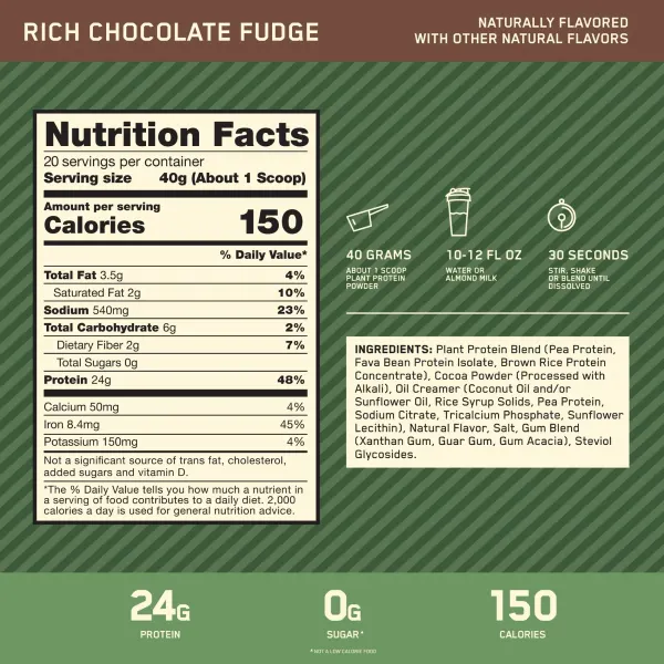Optimum Nutrition Gold Stnrd 100% Plant Prot. Gf Rich Choc Fudge 1.76lb 800g