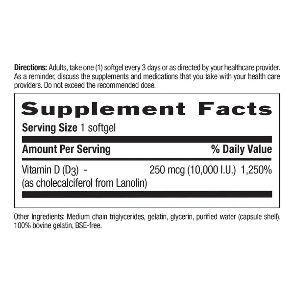Country Life Vitamin D3 250mcg (10,000 I.U) 60’S