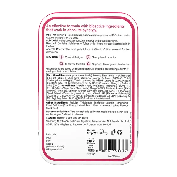Wellbeing Nutrition Melts Vital Iron+Folic Acid Peach&Lychee 30s #Wbnmslp