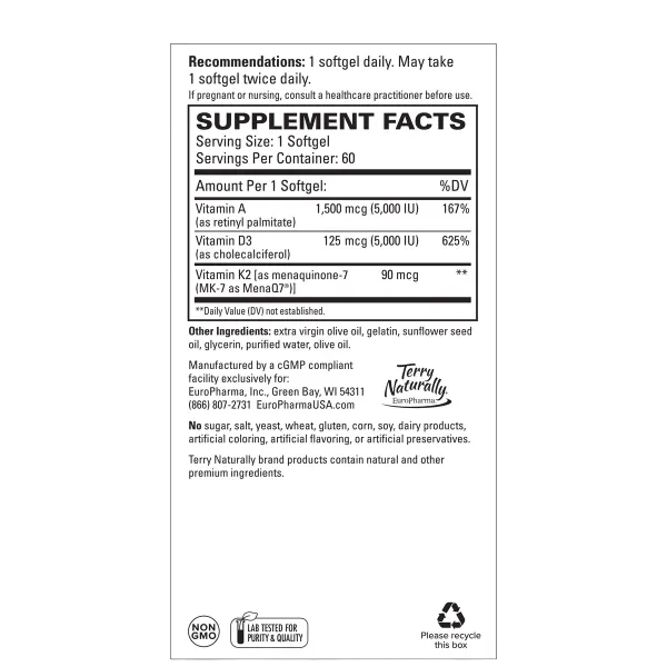 Terry Naturally A-D3-K2 Optimal Health  60caps #Tn14456