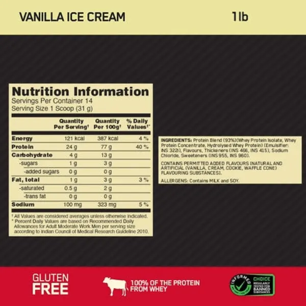 Optimum Nutrition Gold Stnrd 100% Whey Vanilla Ice Cream 1lb(454g)