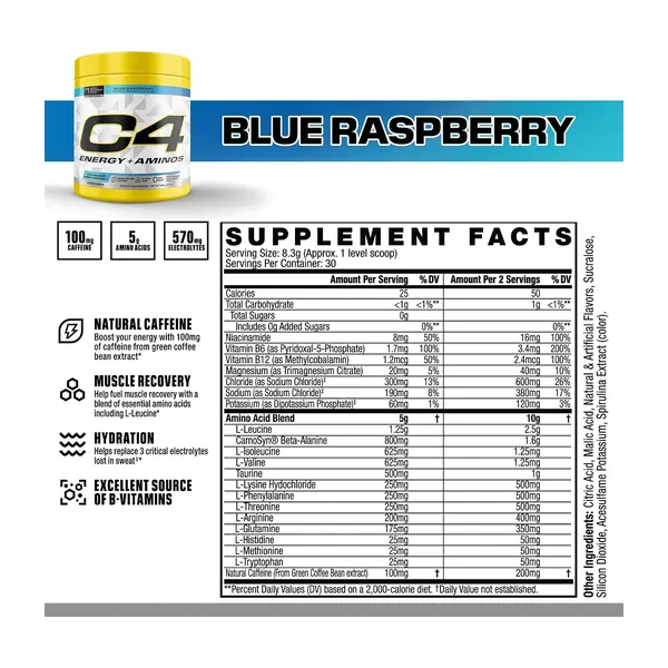 Cellucor C4 Energy + Aminos Icy Blue Razz Flavor 8.8oz/30svs/249g #Cel185671
