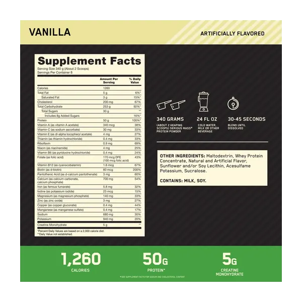 Optimum Nutrition Serious Mass Vanilla Nas (6lb) 2.73kg